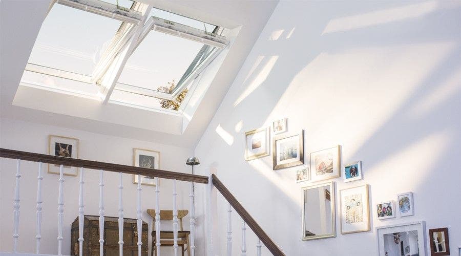Velux white roof windows in situ above staircase